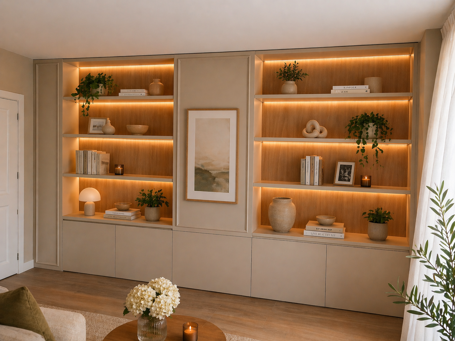 Librería empotrada en blanco y roble con luces led