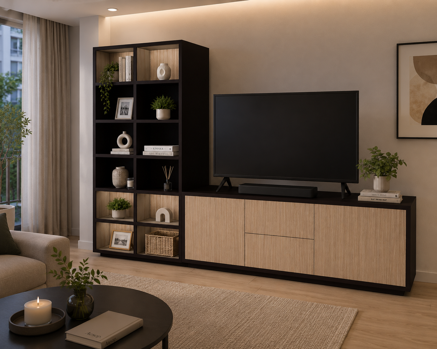 Mueble TV con librería fabricado a medida en madera de roble y laca de color negro