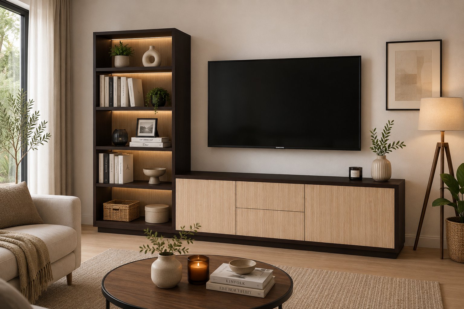 Libreria de roble y laca con mueble de TV